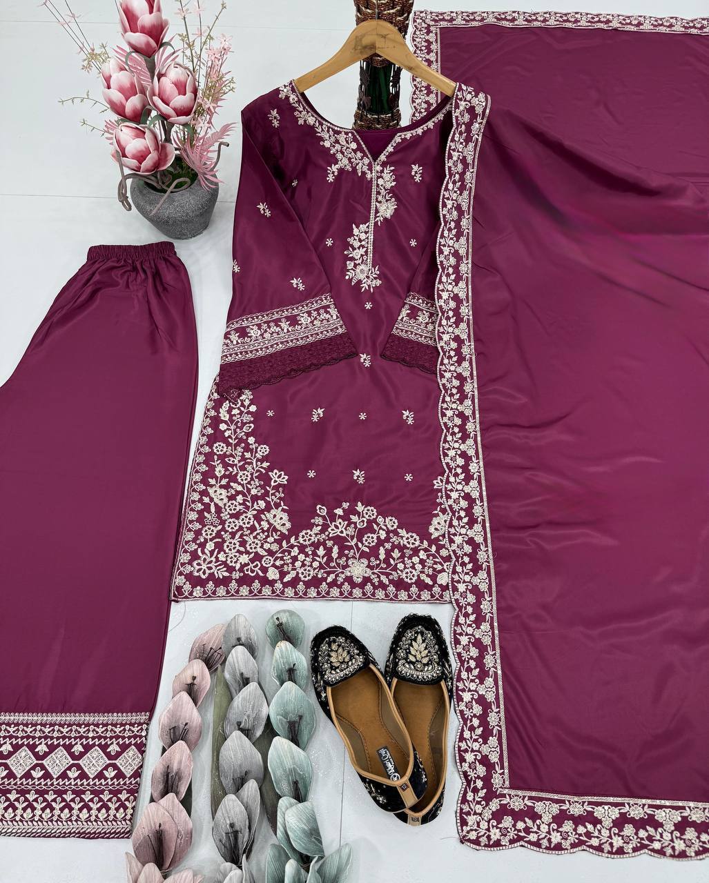 Embroidered Top Plazo & Dupatta Set