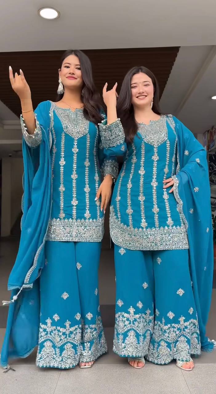 Embroidered Chinnon Silk Top Plazo & Dupatta Set