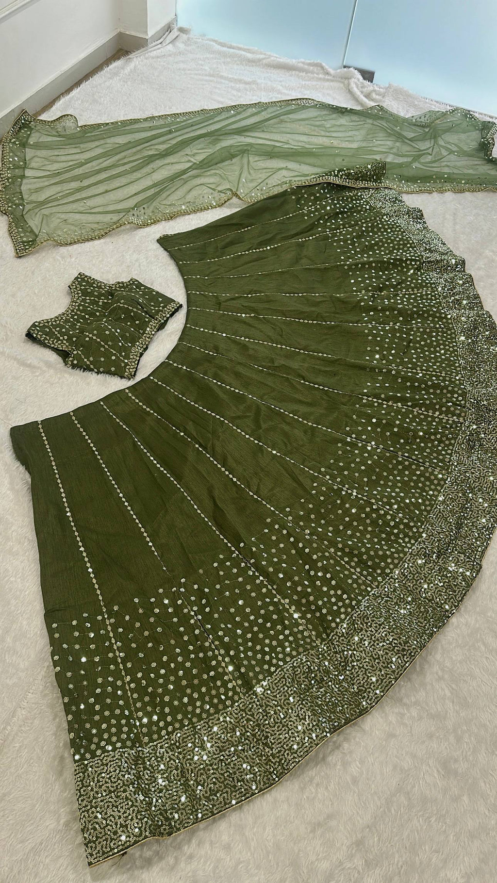 Olive Thai Silk Sequins Lehenga Set