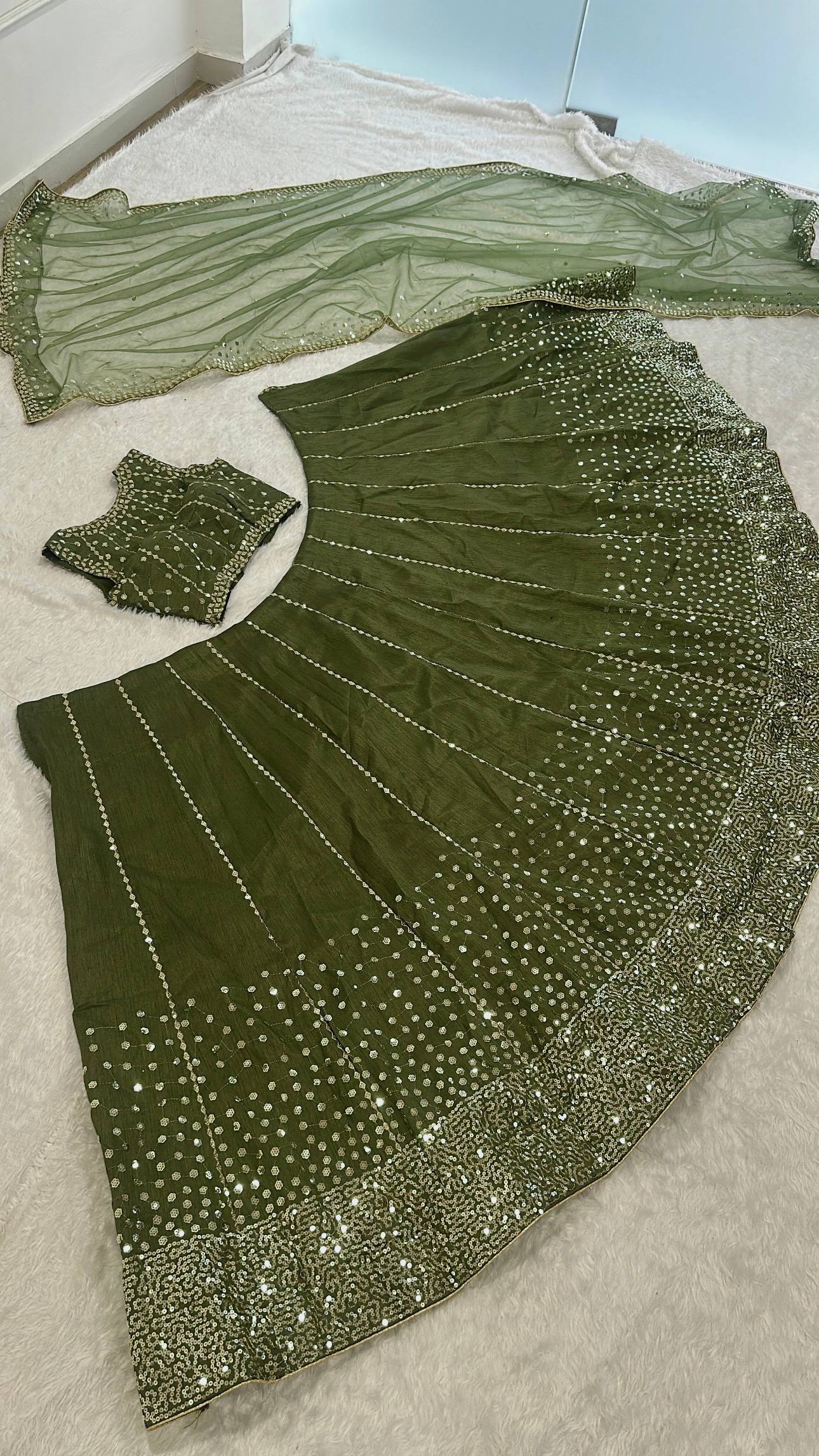 Olive Thai Silk Sequins Lehenga Set