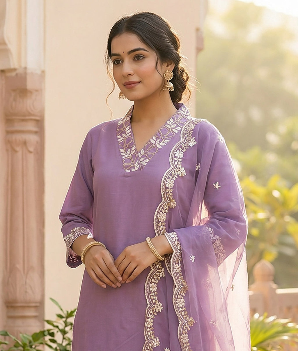 Lavender Embroidered Kurta Pant Dupatta Set