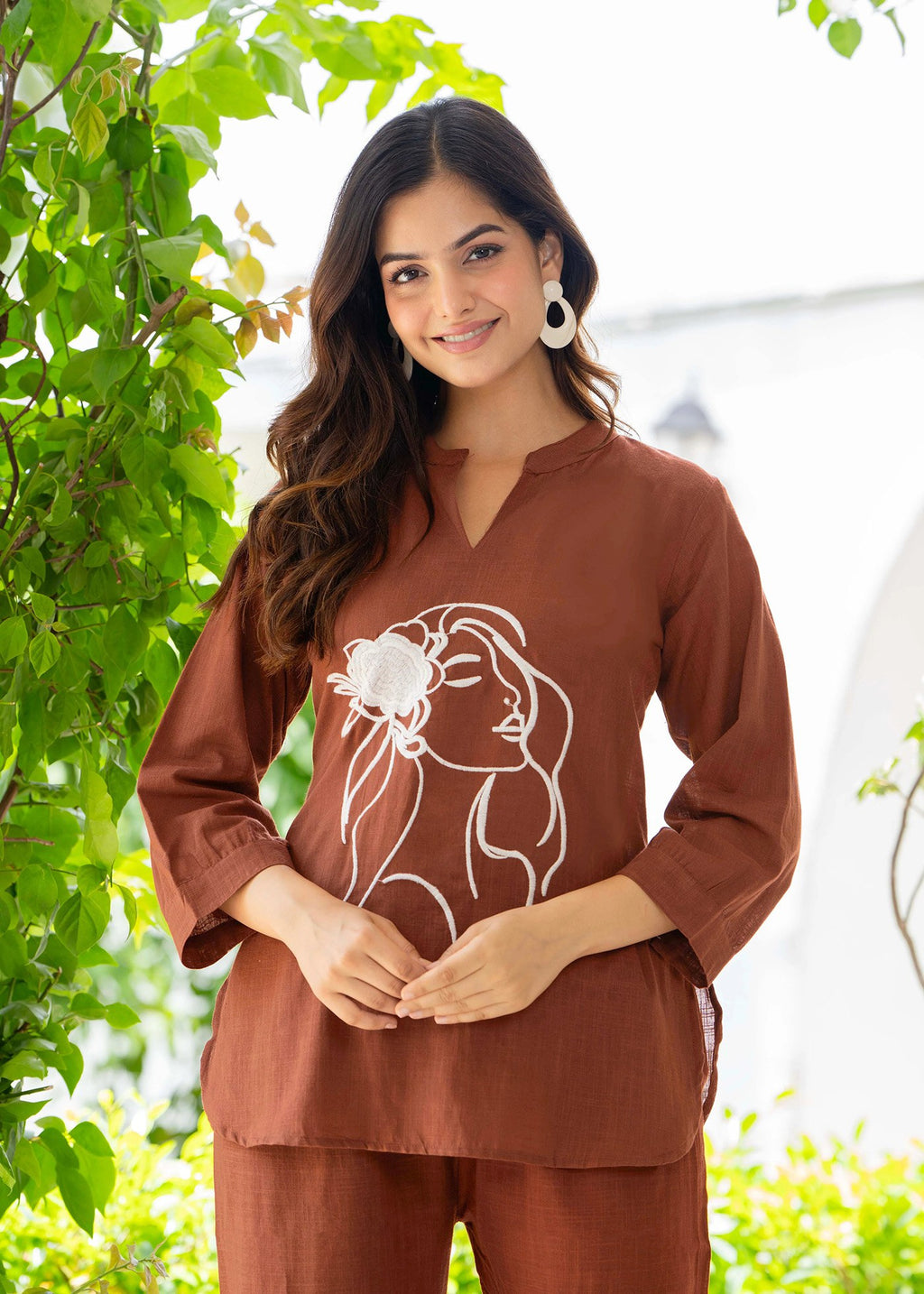 Brown Embroidered Crepe Kurta Co-Ord Set