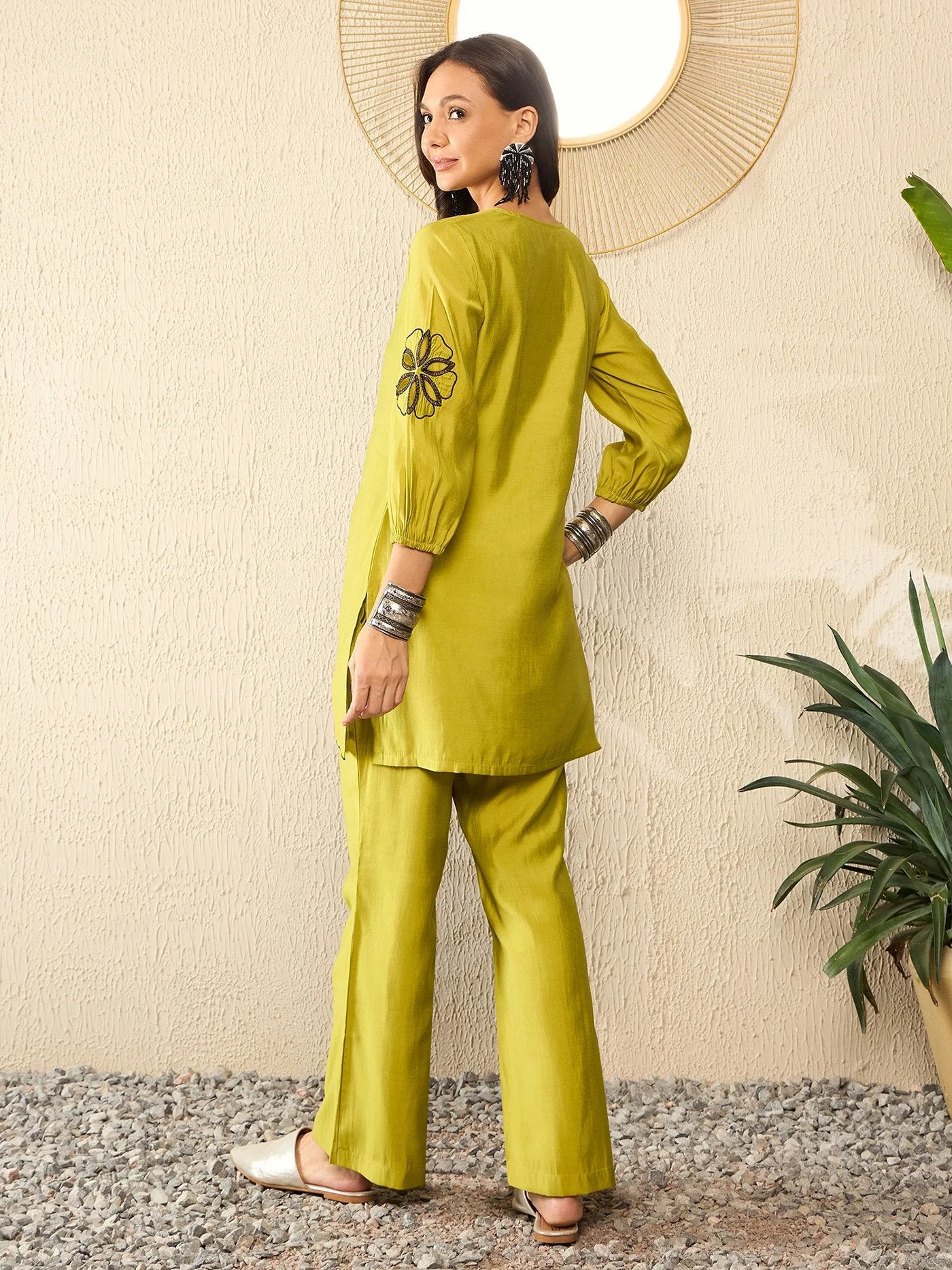 Mustard Embroidered Crepe Kurta Co-Ord Set
