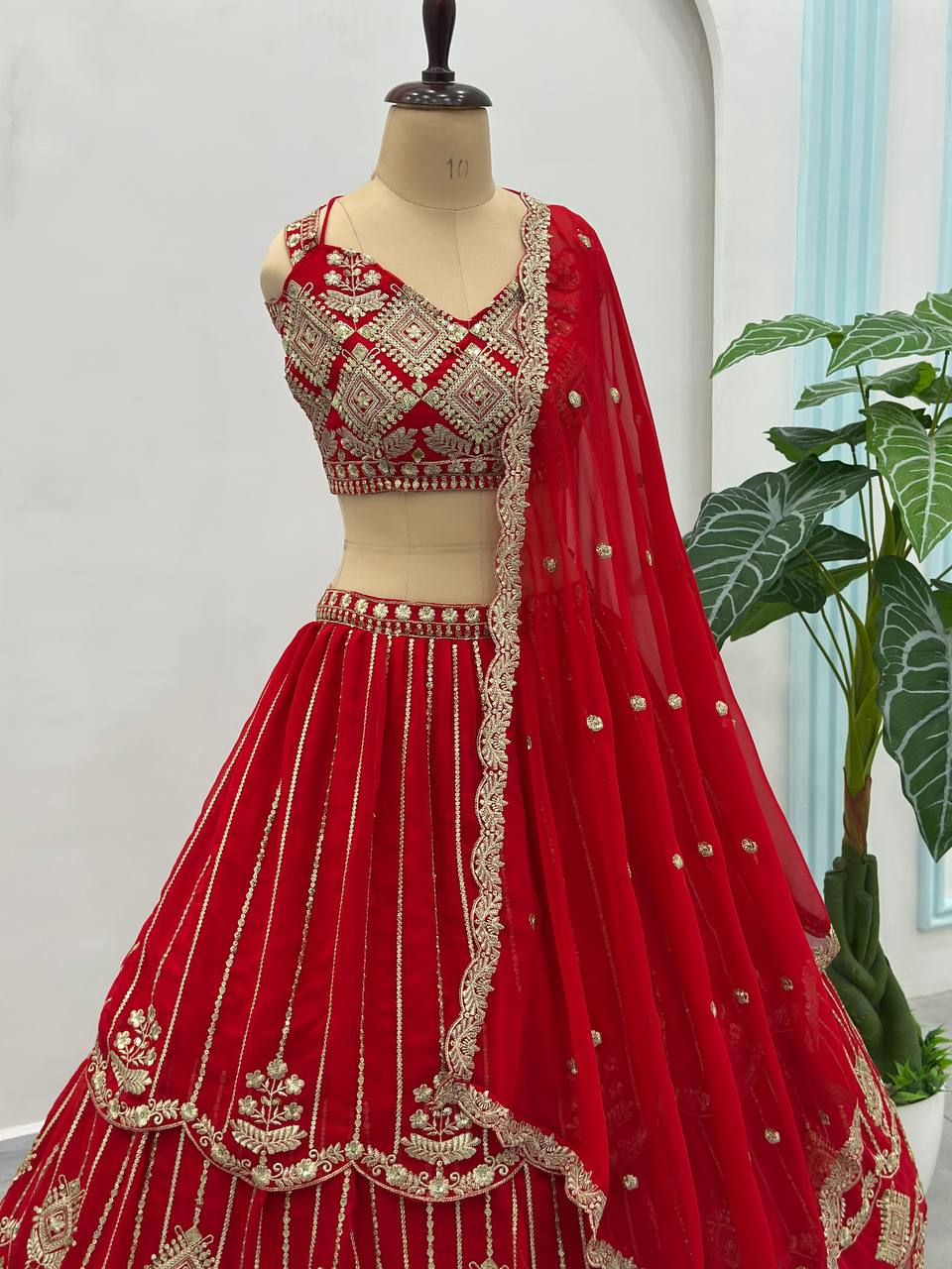 Royal Red Faux Georgette Bridal Lehenga Choli