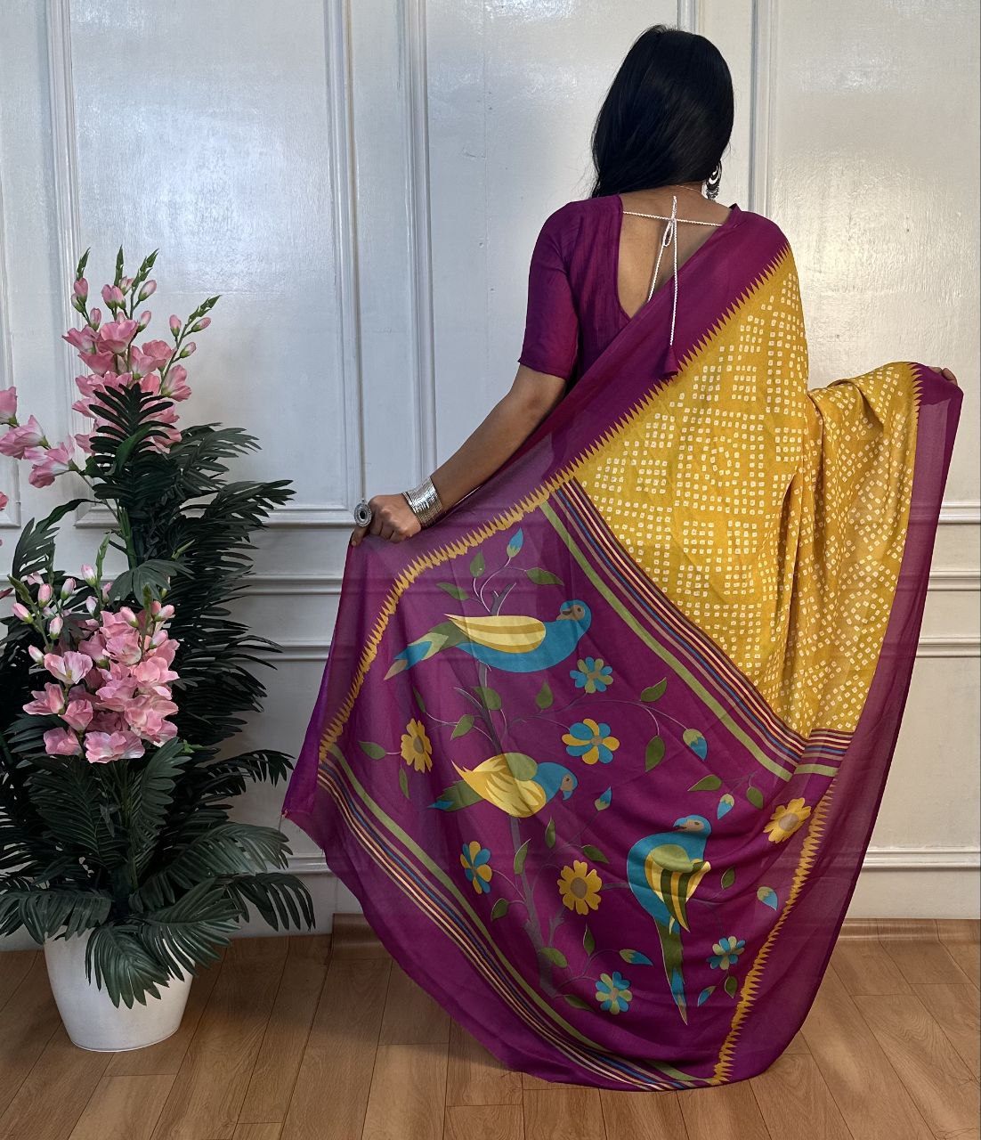 Panchi Bandhani Moss Chiffon Saree