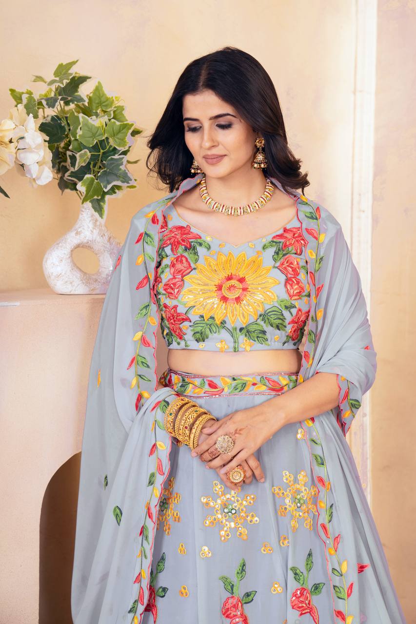 Floral Embroidered Faux Georgette Lehenga Choli