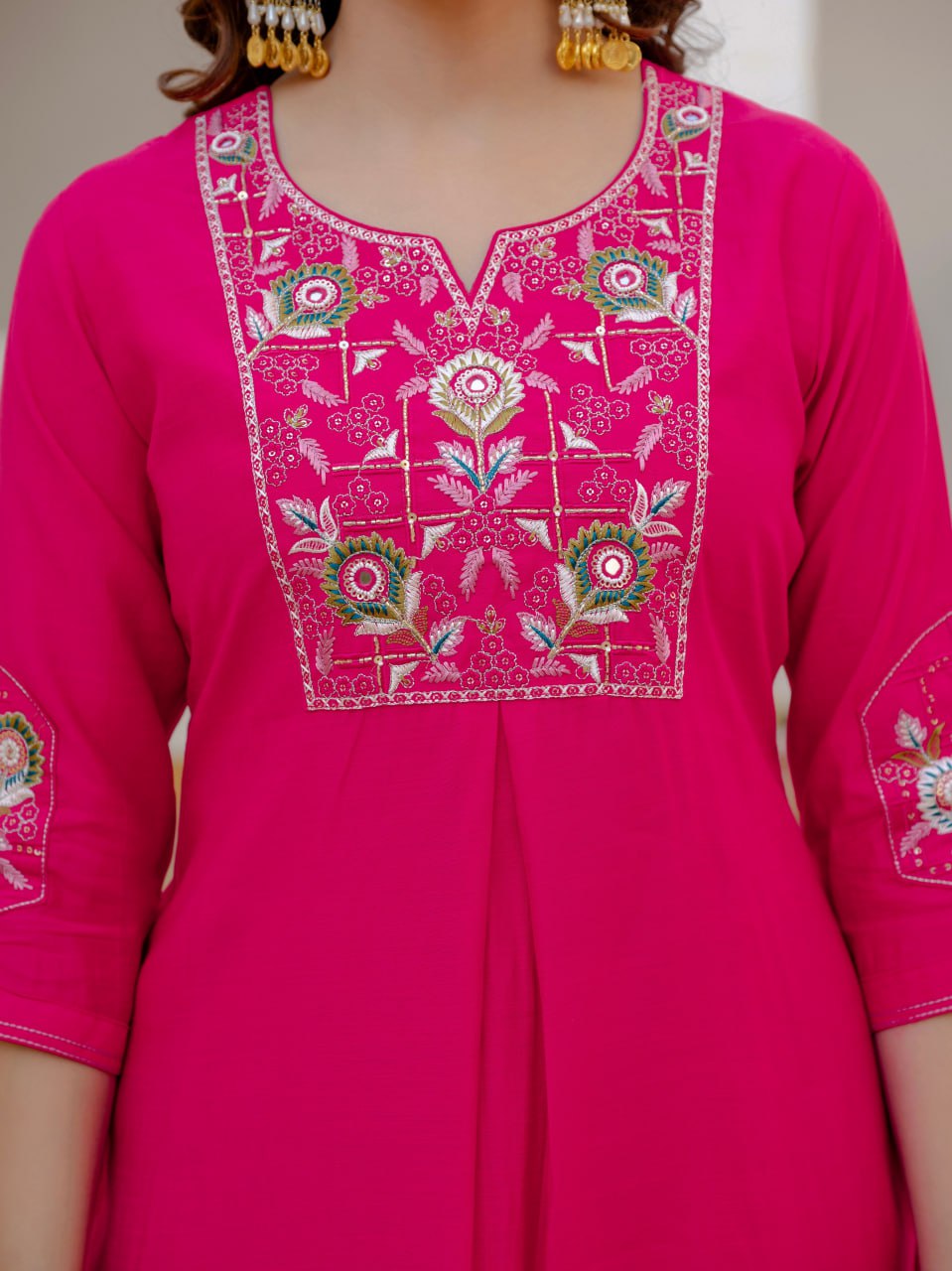 Embroidered Viscose Mango Silk Kurti Pant Set