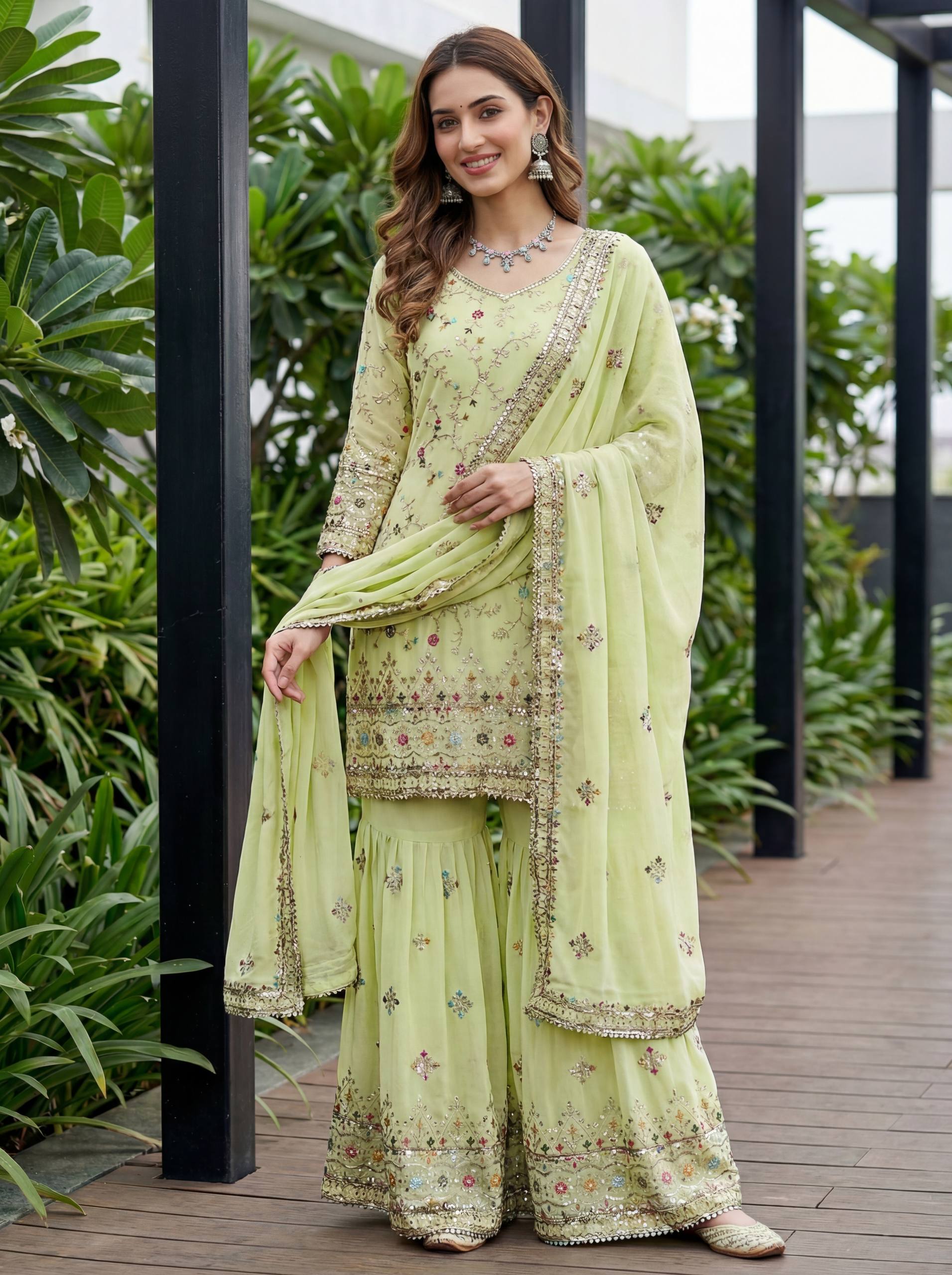 Embroidered Mint Sharara Suit with Dupatta