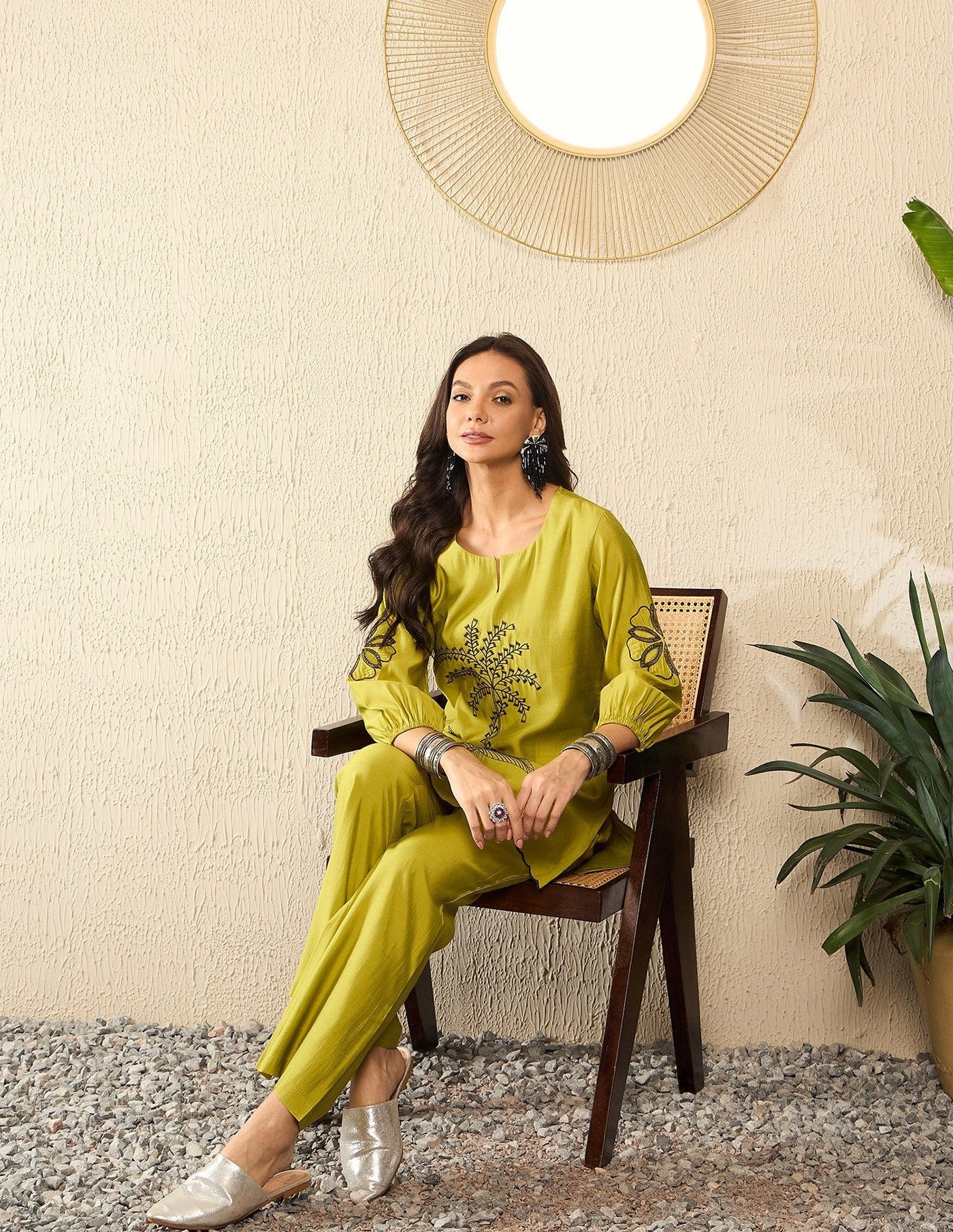 Mustard Embroidered Crepe Kurta Co-Ord Set