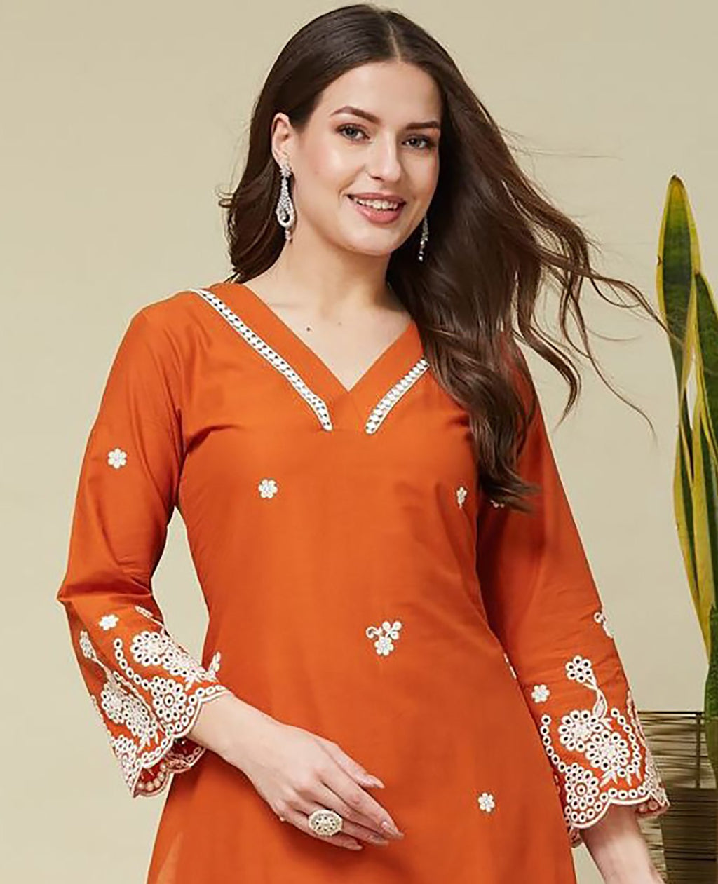 Orange Embroidered Crepe Kurta Co-Ord Set