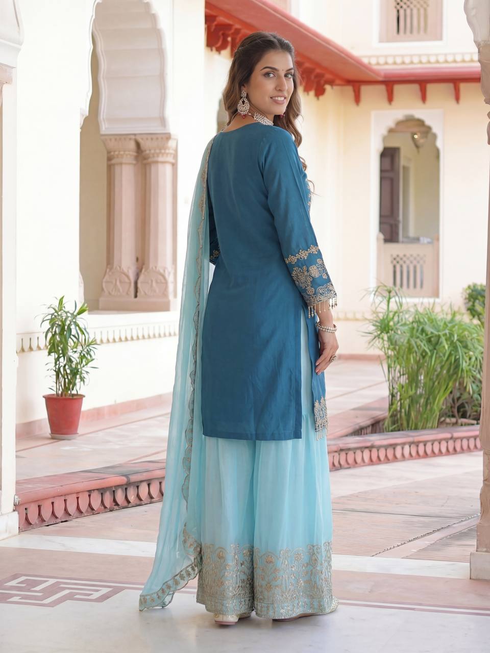 Chinon Silk Embroidered Designer Sharara Set