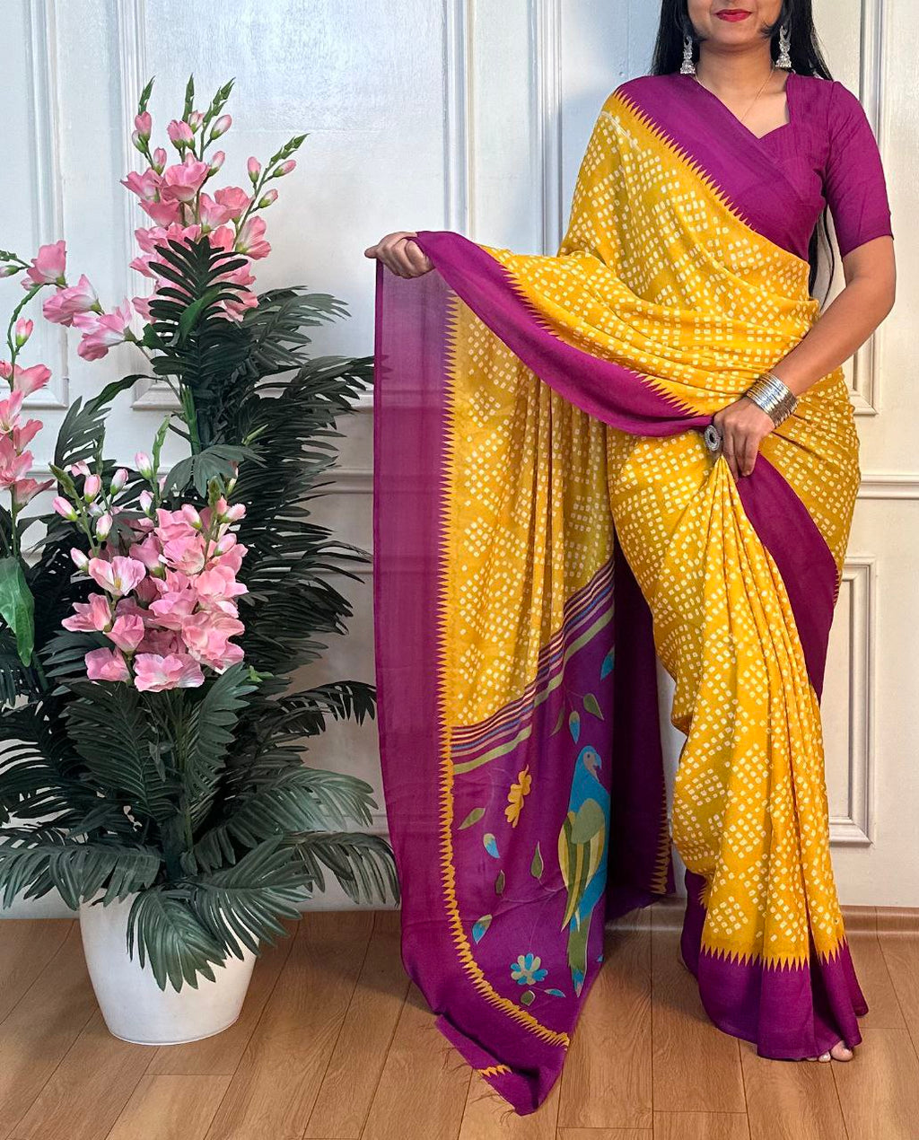 Panchi Bandhani Moss Chiffon Saree