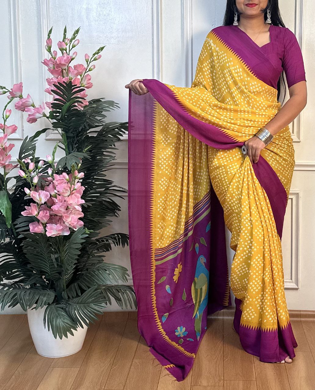 Panchi Bandhani Moss Chiffon Saree