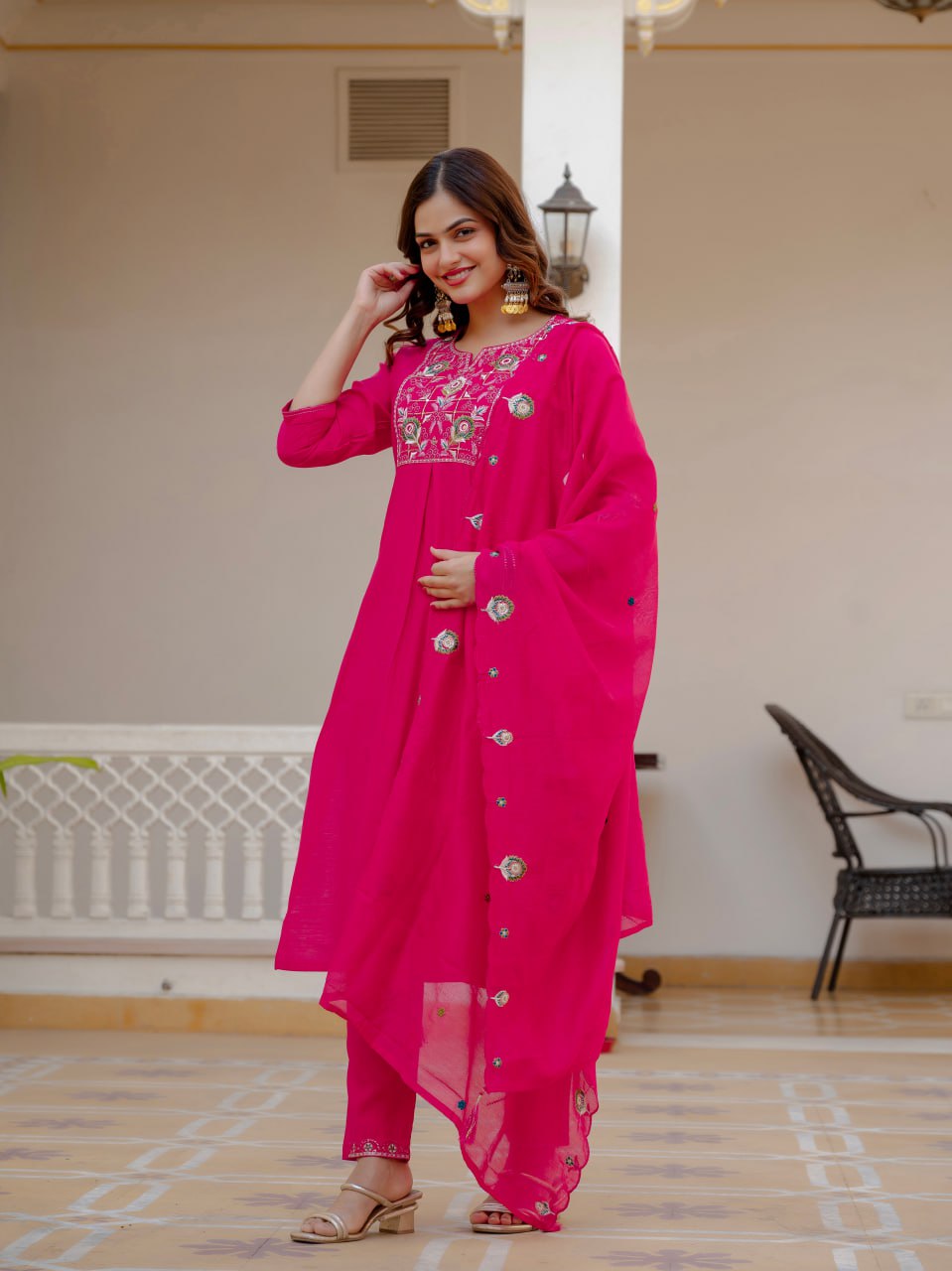 Embroidered Viscose Mango Silk Kurti Pant Set