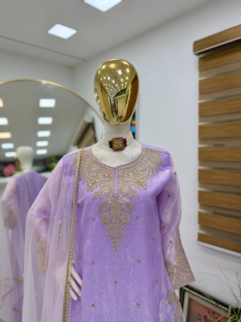 Embroidered Fandy Silk Top Palazzo Dupatta Set