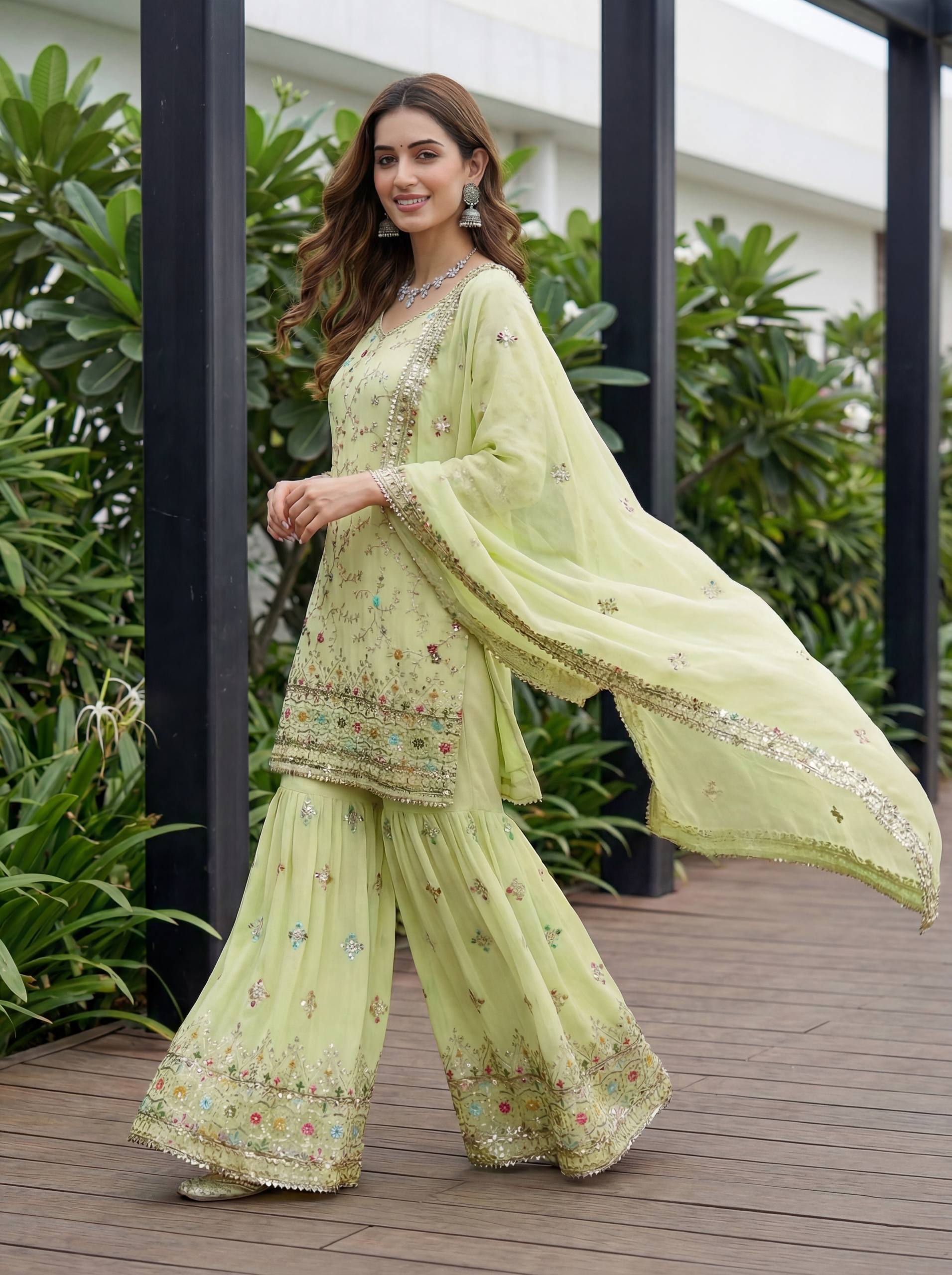 Embroidered Mint Sharara Suit with Dupatta