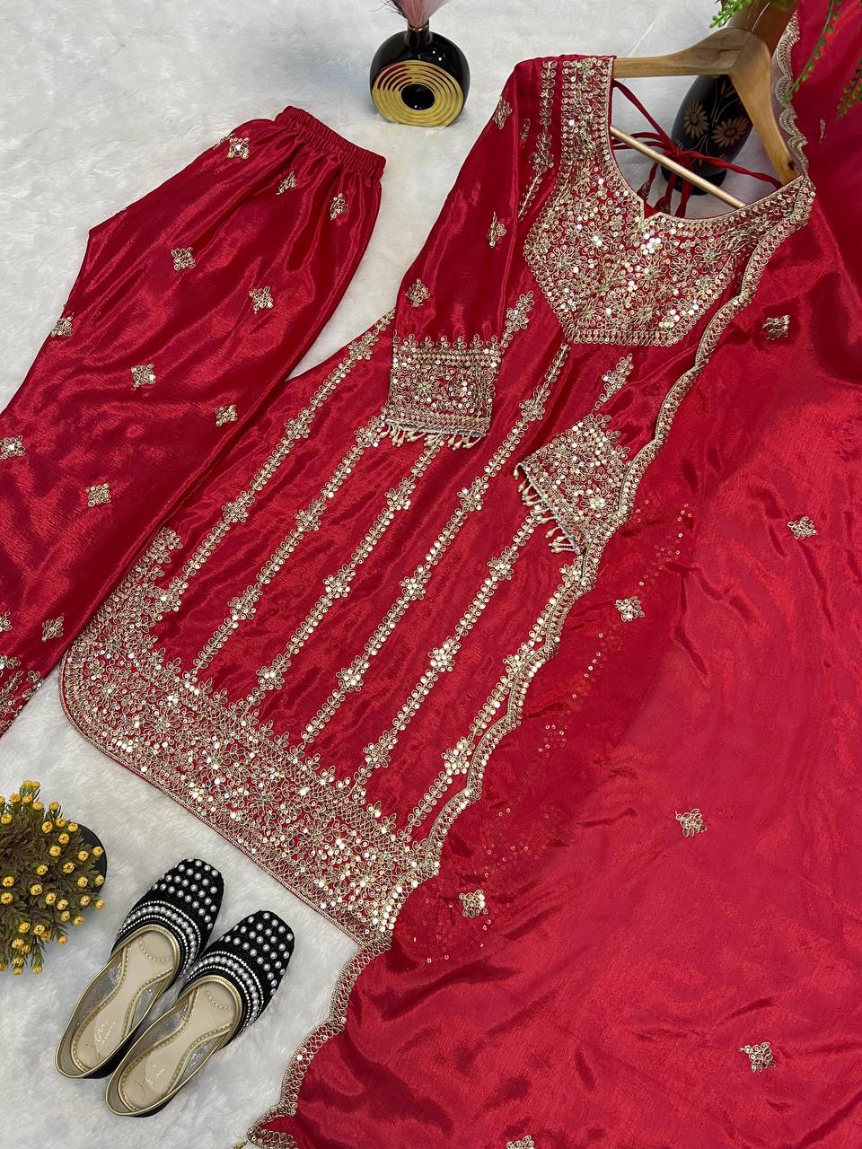 Embroidered Chinnon Silk Top Plazo & Dupatta Set