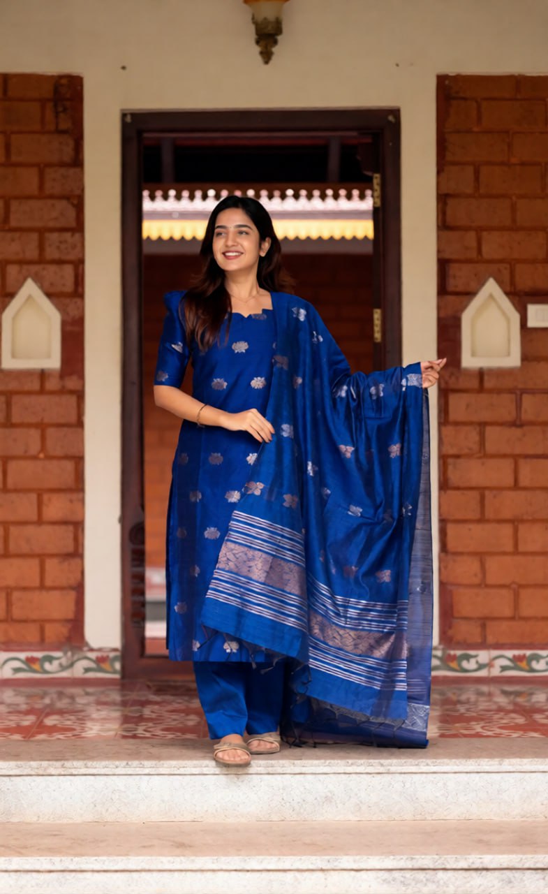 Kanchi Cotton Calf-Length Straight Kurta Set with Dupatta