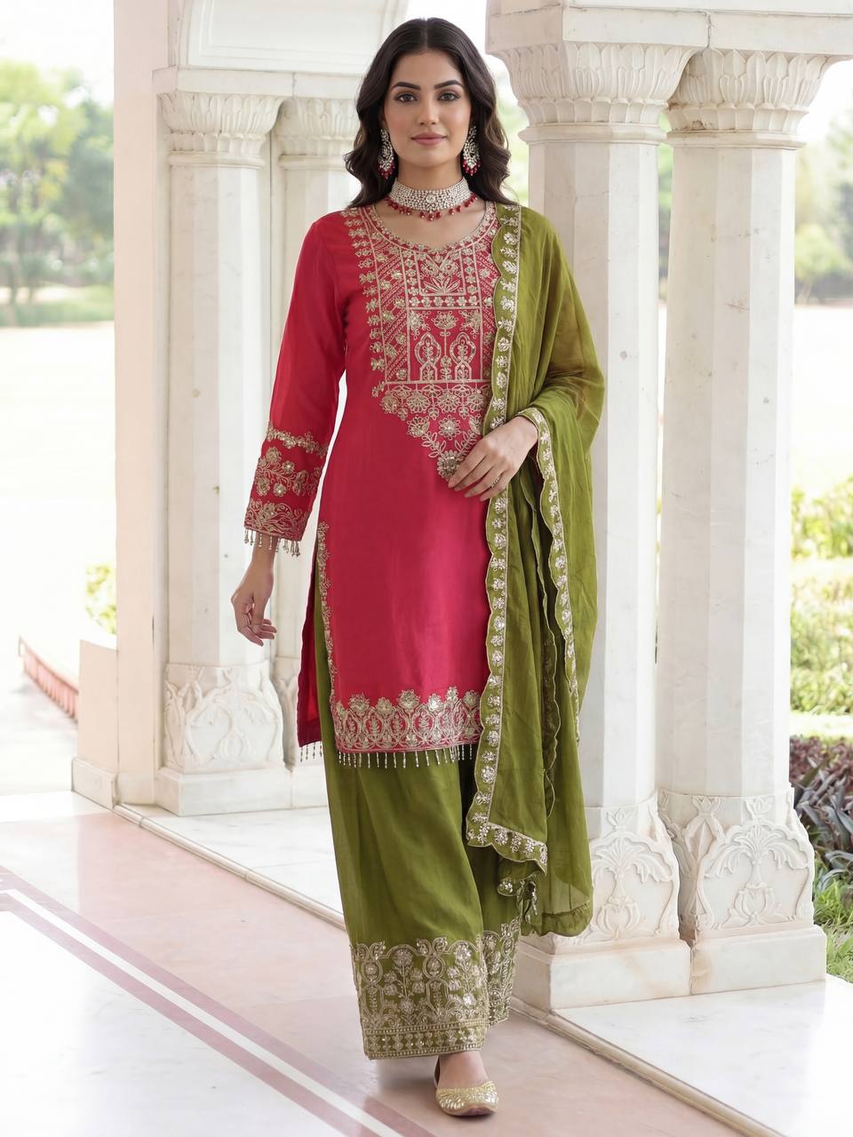 Chinon Silk Embroidered Designer Sharara Set
