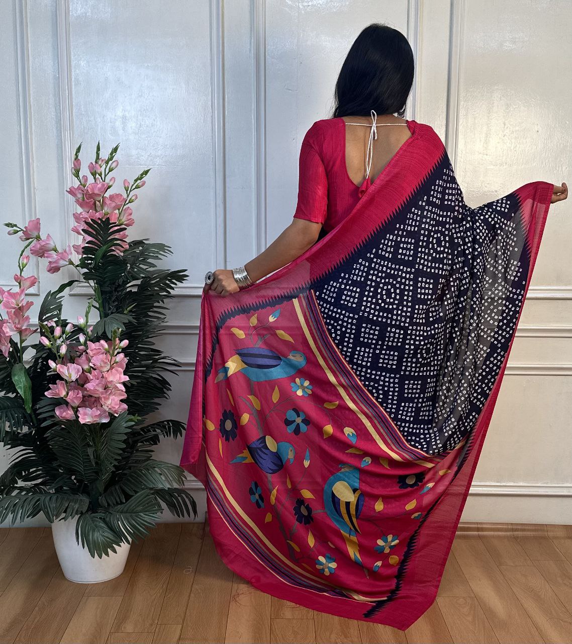 Panchi Bandhani Moss Chiffon Saree