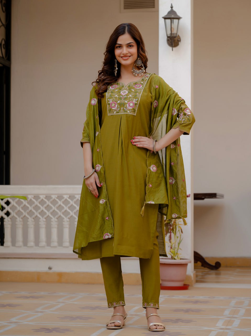 Embroidered Viscose Mango Silk Kurti Pant Set