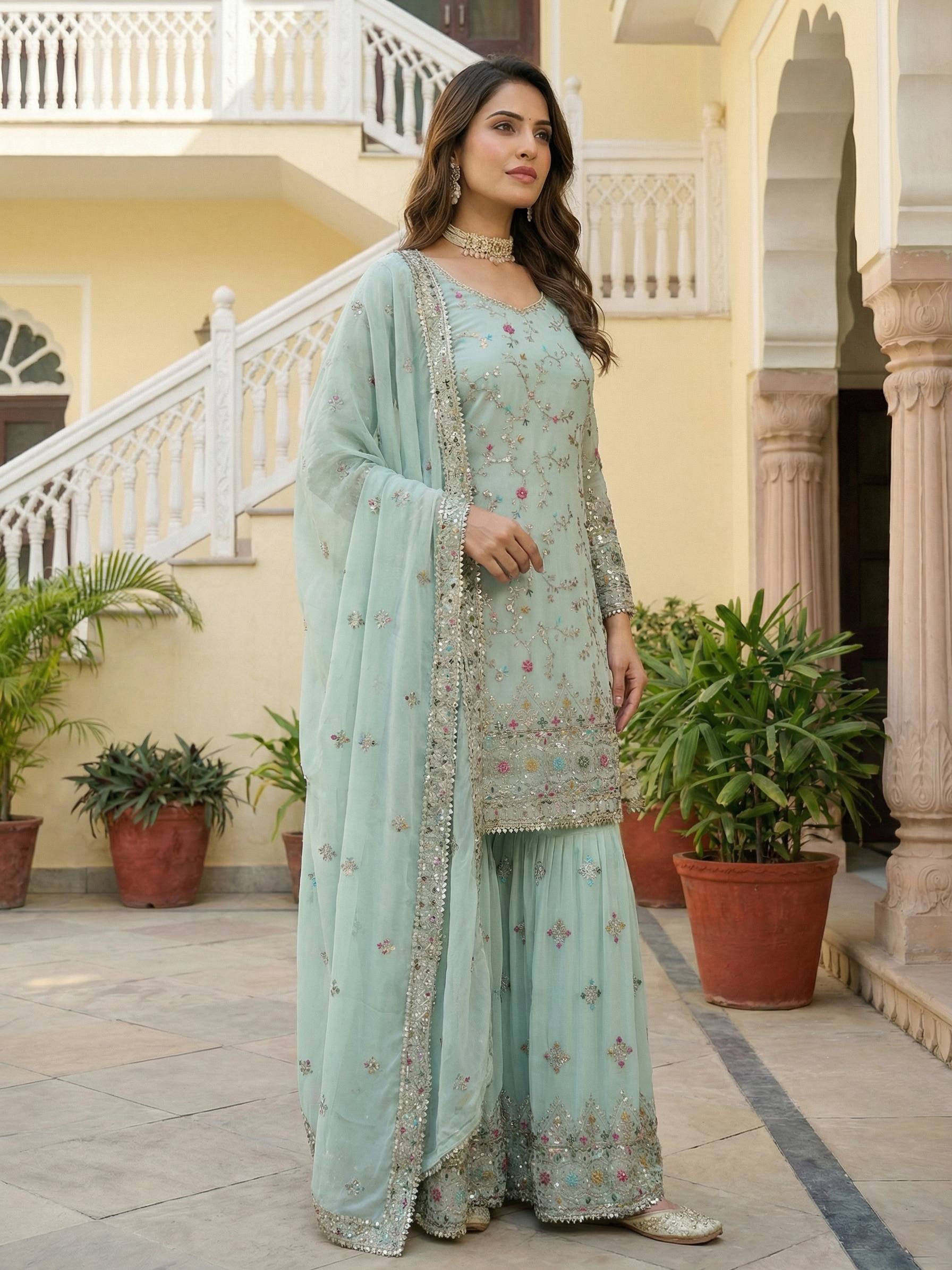Embroidered Mint Sharara Suit with Dupatta