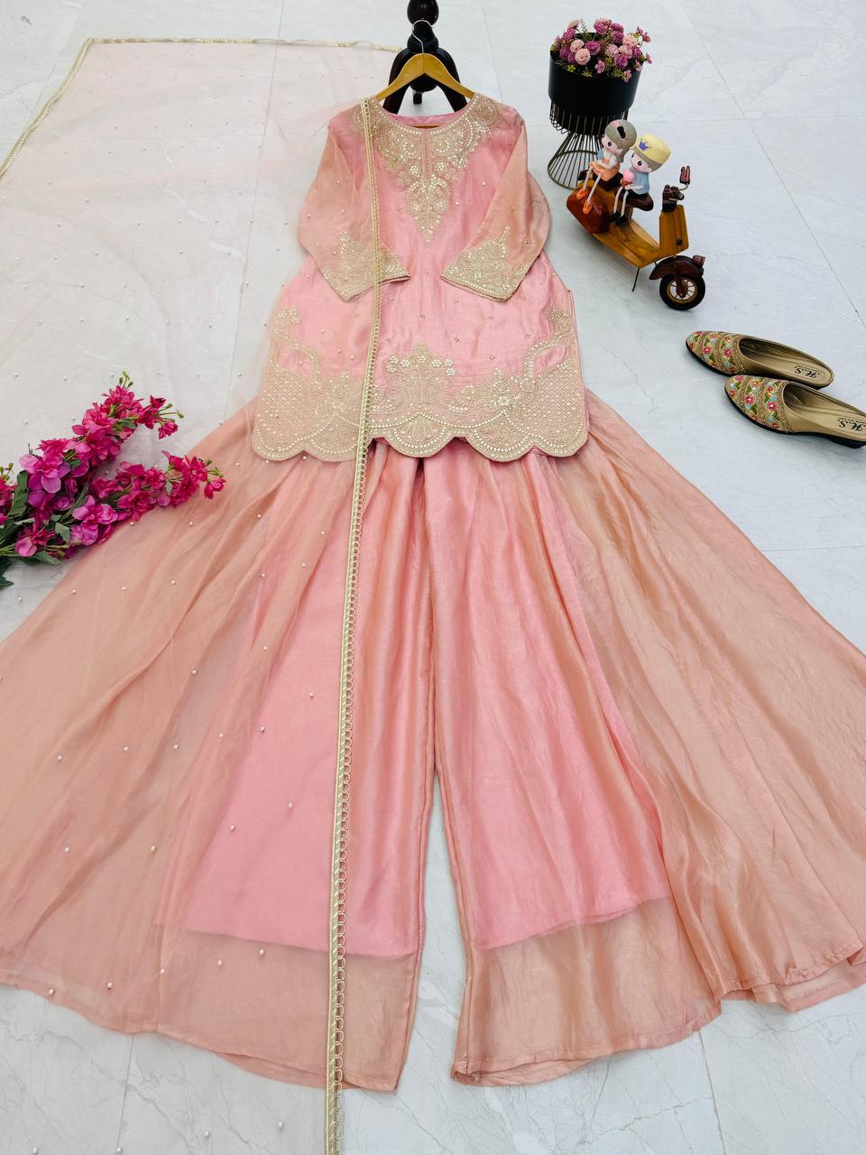 Embroidered Fandy Silk Top Palazzo Dupatta Set