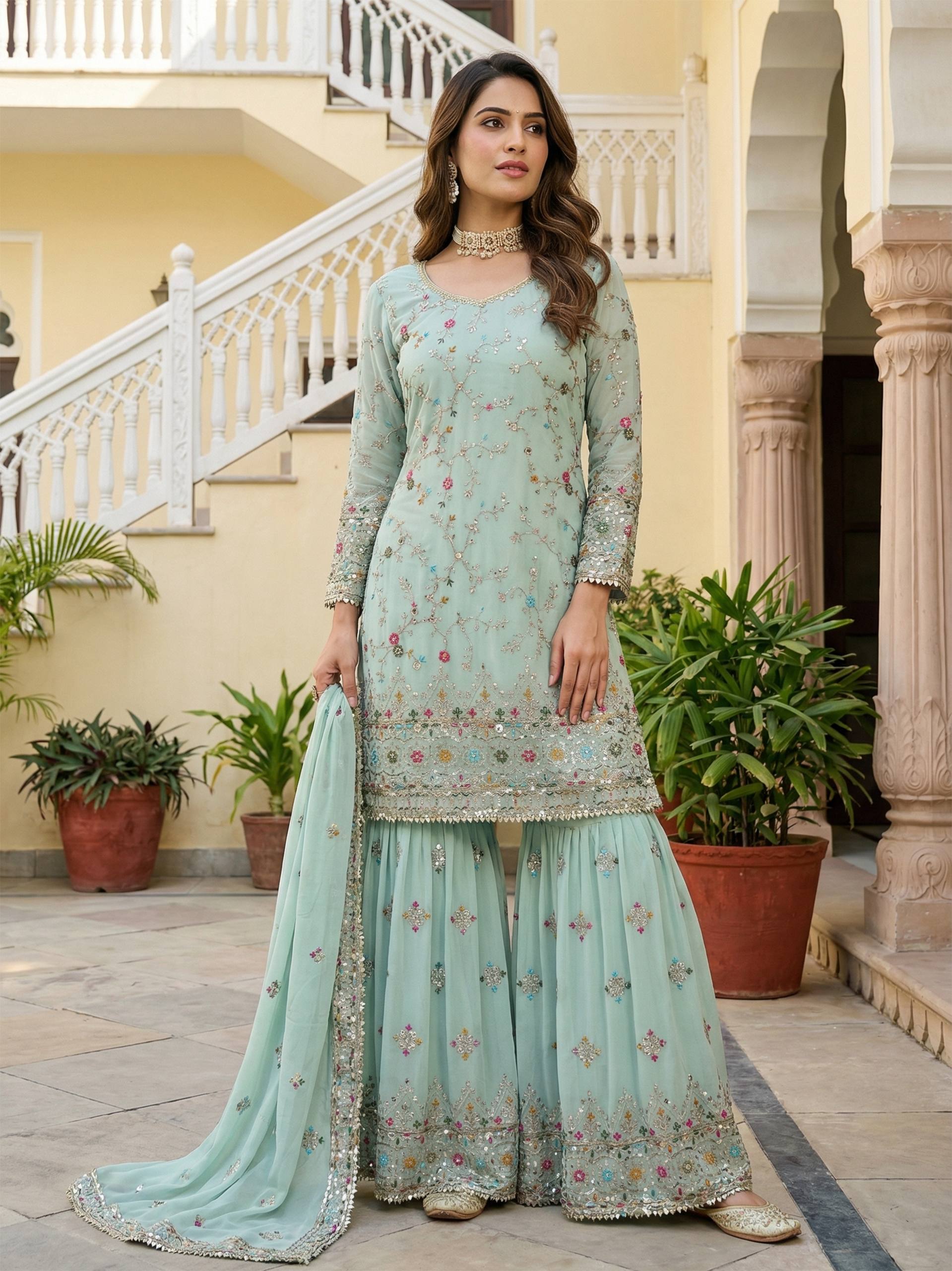 Embroidered Mint Sharara Suit with Dupatta