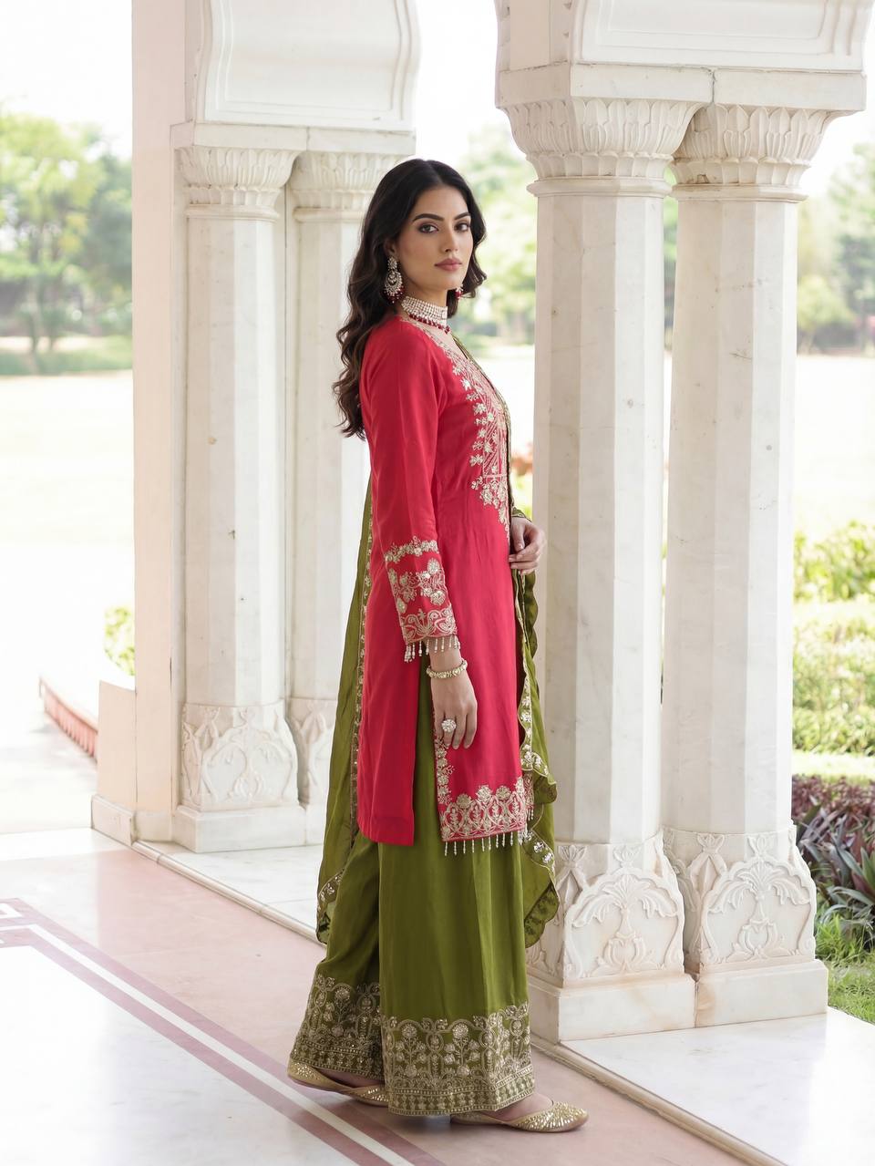 Chinon Silk Embroidered Designer Sharara Set
