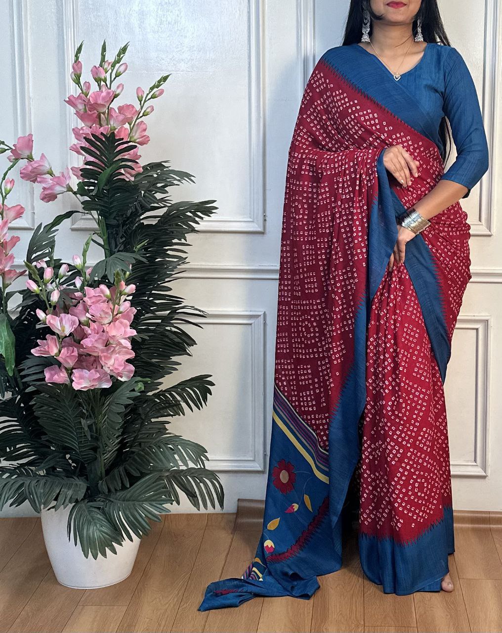 Panchi Bandhani Moss Chiffon Saree