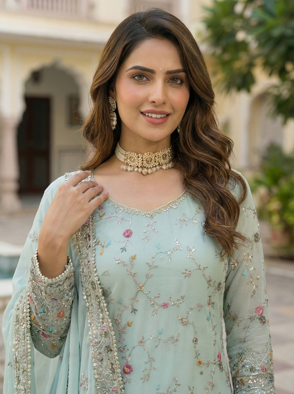 Embroidered Mint Sharara Suit with Dupatta