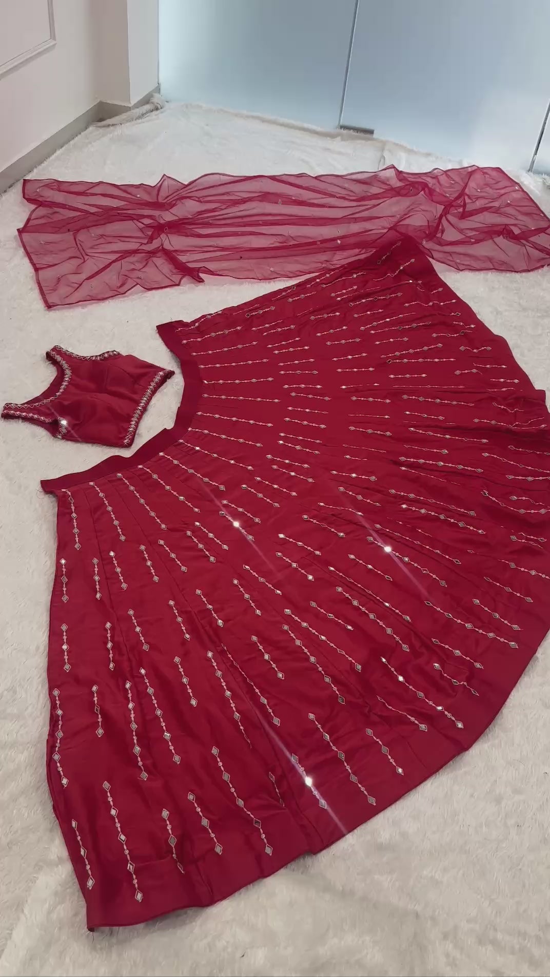 Malai Satin Silk Mirror Work Lehenga Set