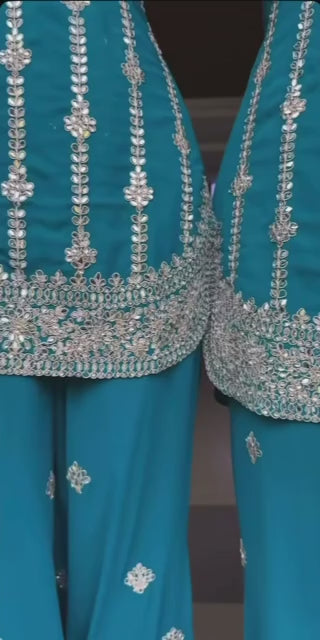 Embroidered Chinnon Silk Top Plazo & Dupatta Set