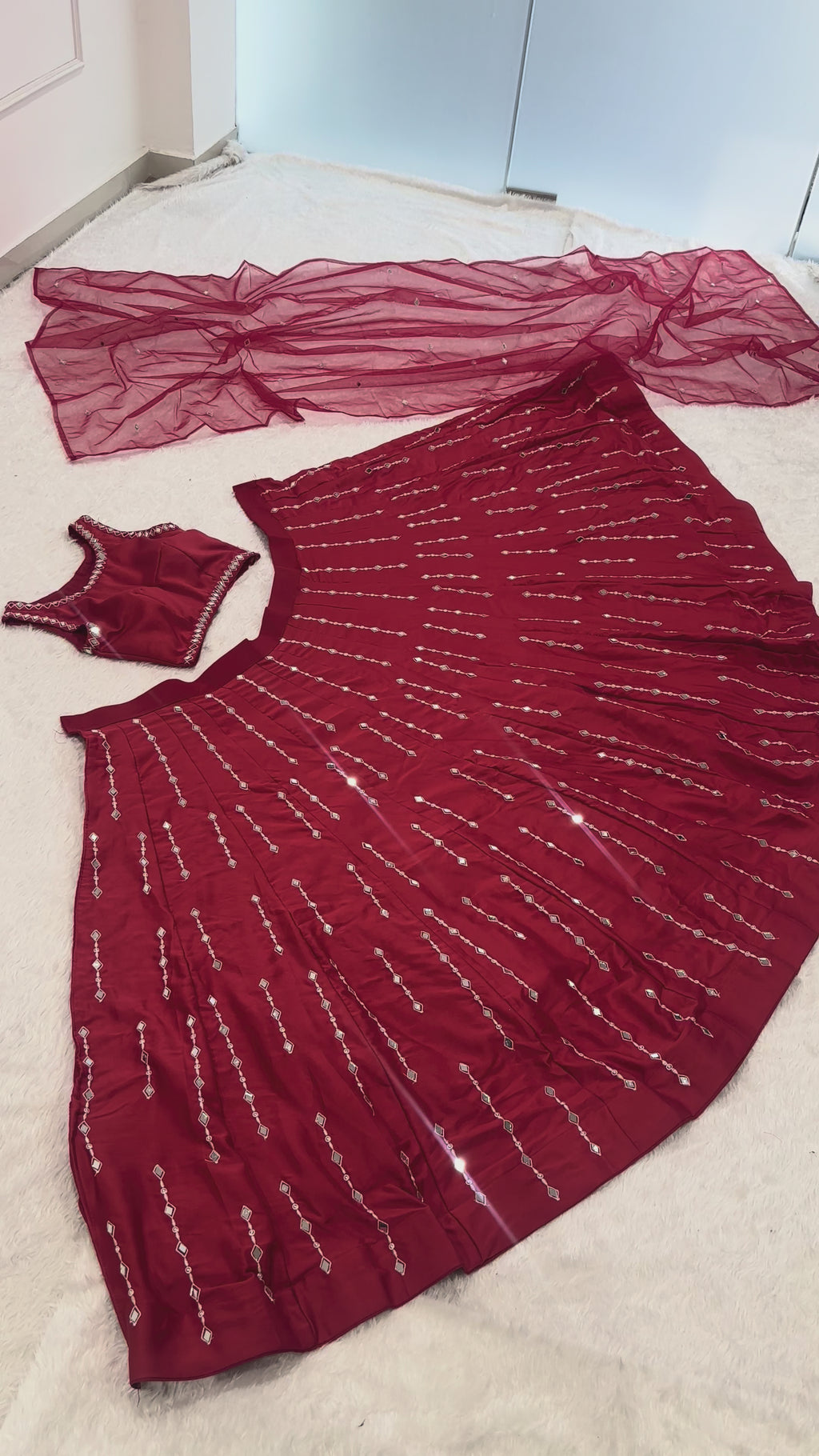 Malai Satin Silk Mirror Work Lehenga Set