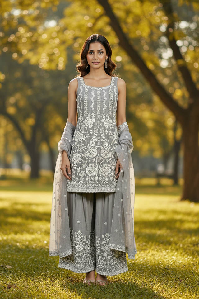 show the full model - top to bottom - wearing the grey dress that is uploaded on the media for this product.